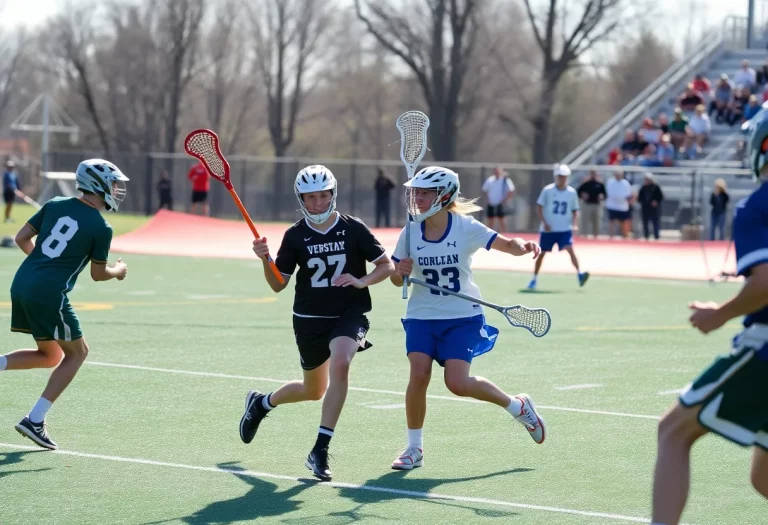 Players demonstrating teamwork during a high school lacrosse match