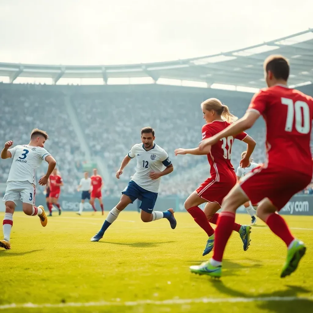 Players performing on a high school soccer field