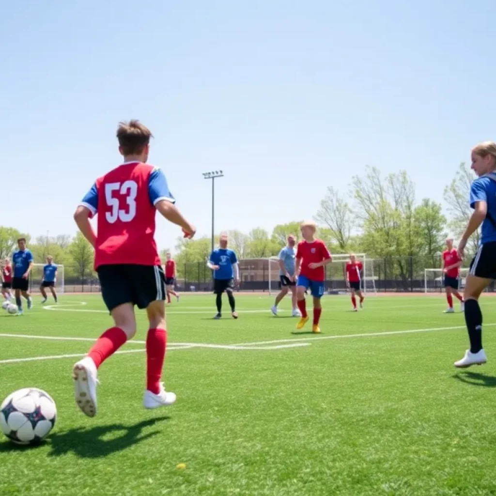High school soccer players practicing on a field