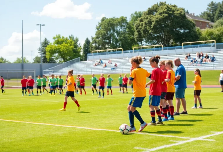 High school soccer players practicing on the field