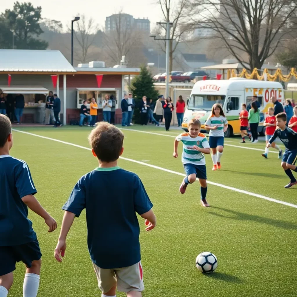 View of the high school soccer showcase in Bradford with players in action