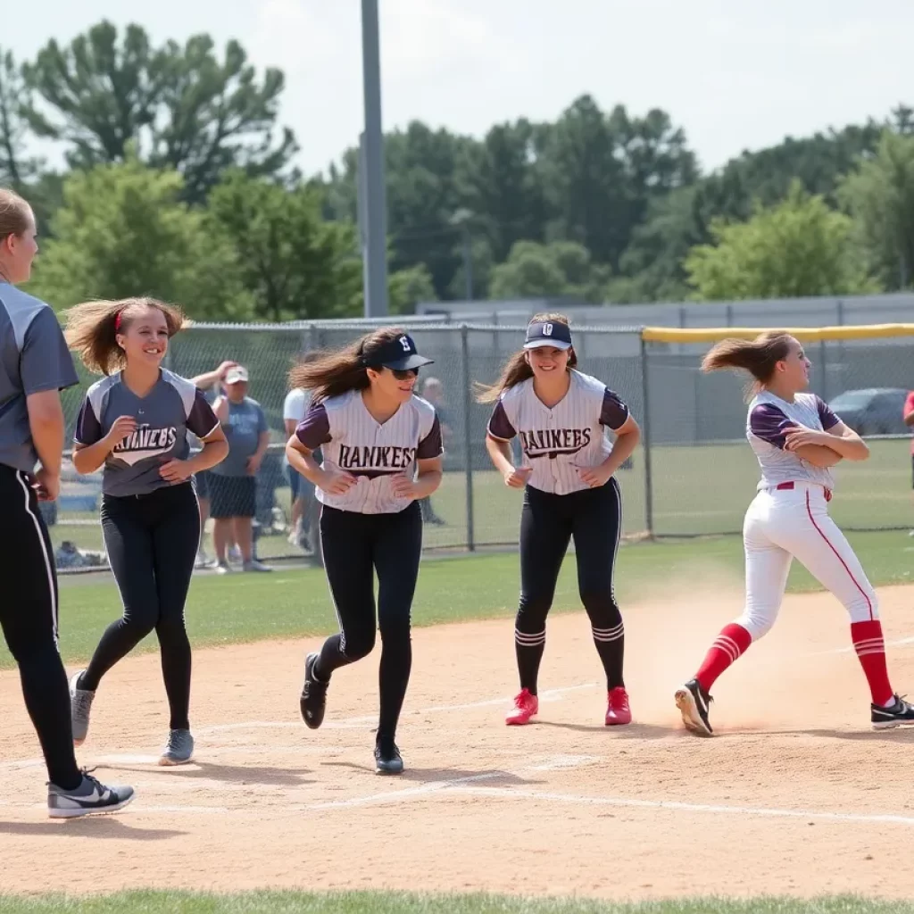 Players engaged in a high school softball game with intense action on the field