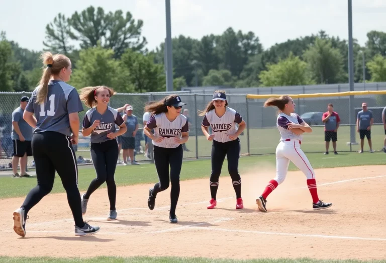 Players engaged in a high school softball game with intense action on the field