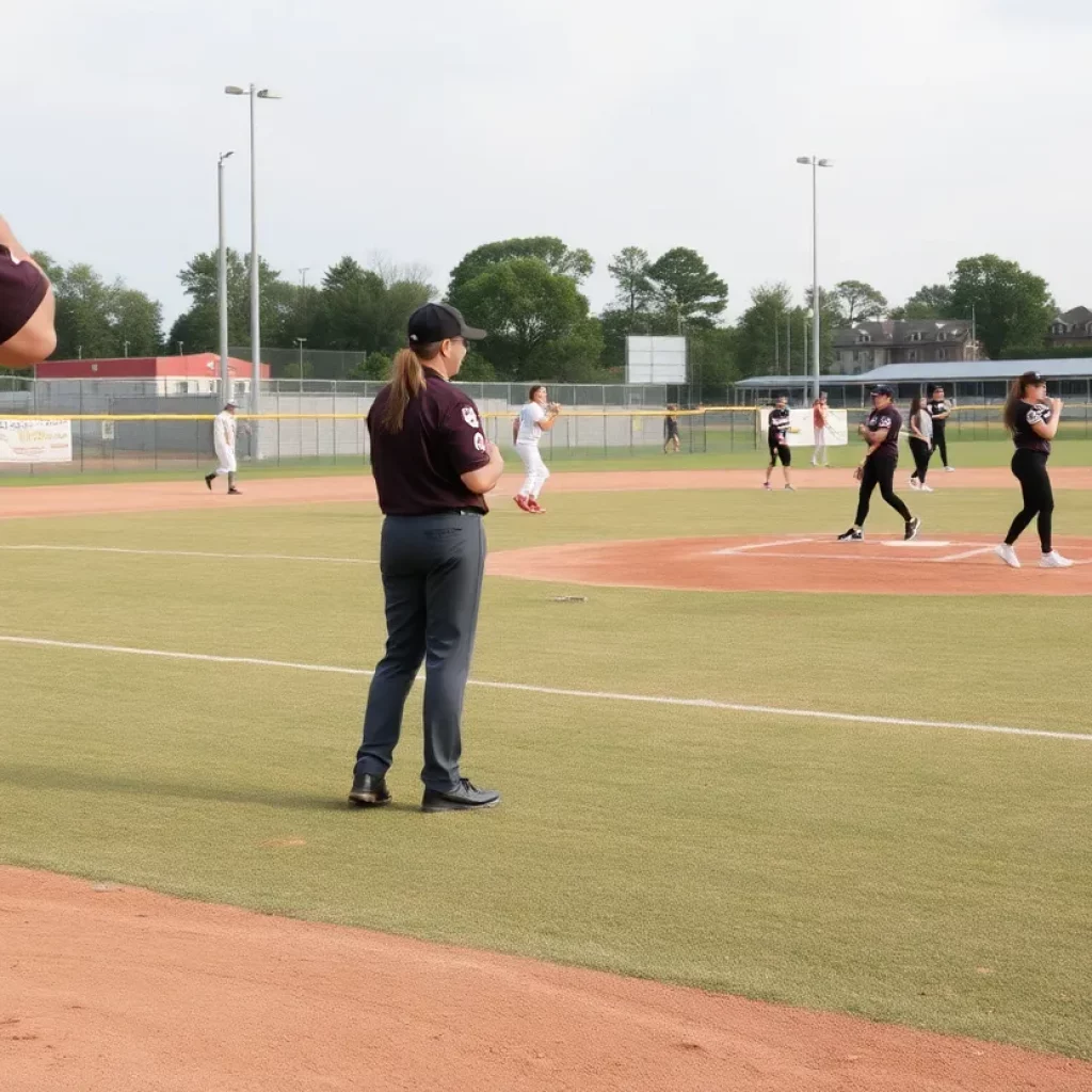 High school softball players and umpires on the field