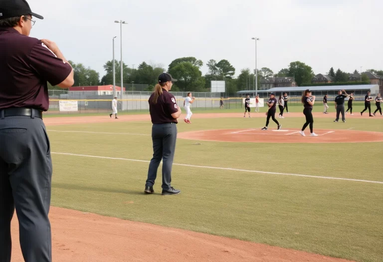High school softball players and umpires on the field