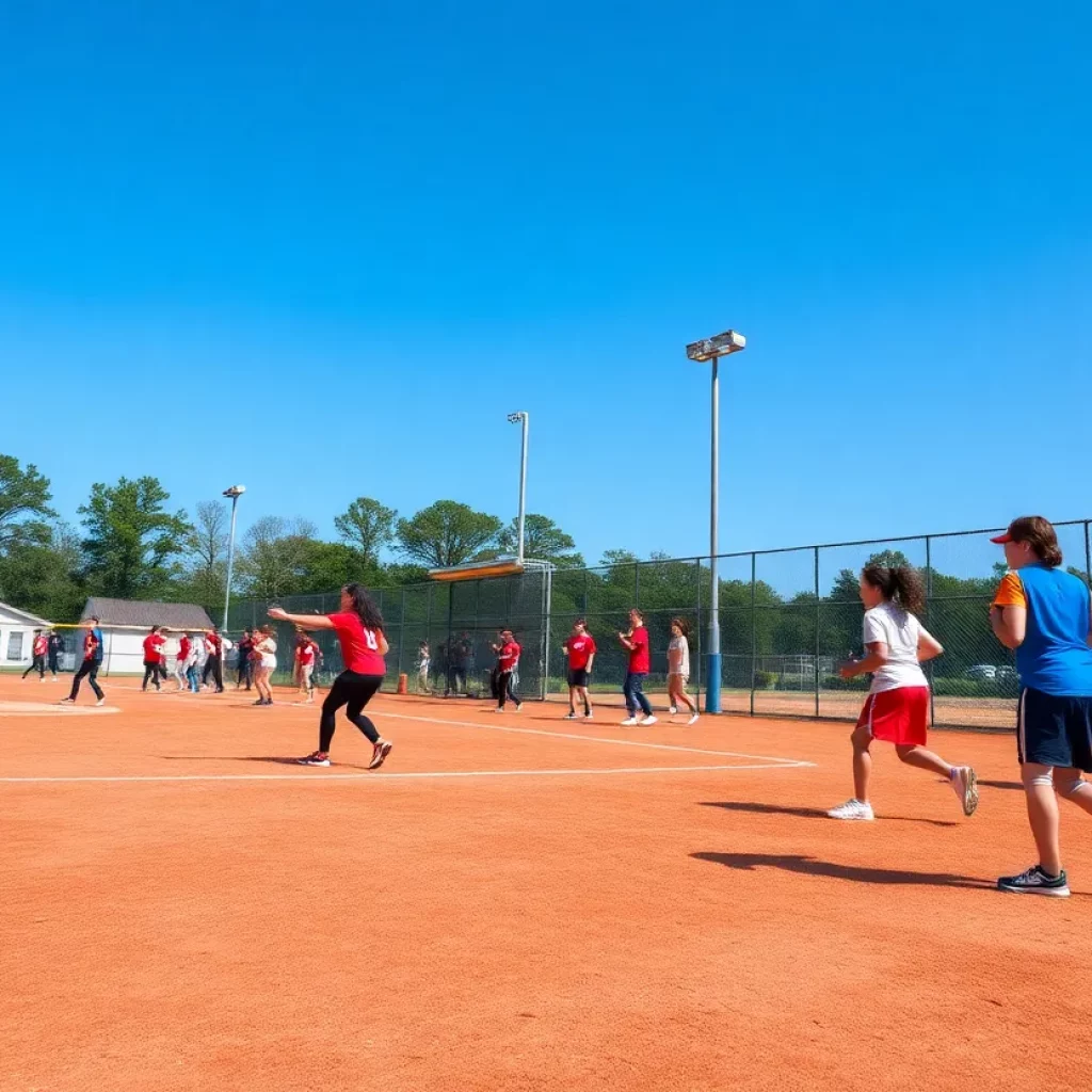 Softball players practicing on a field in Savannah, Georgia.