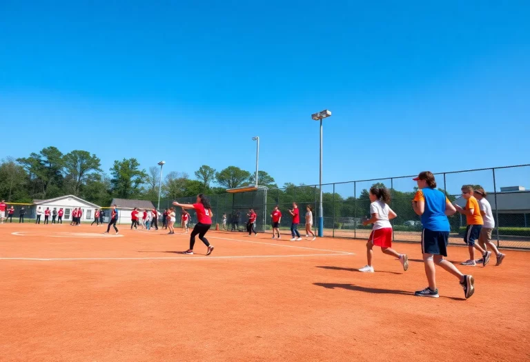 Softball players practicing on a field in Savannah, Georgia.