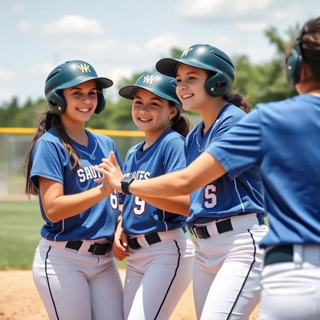 High school softball players in a dynamic game setting.