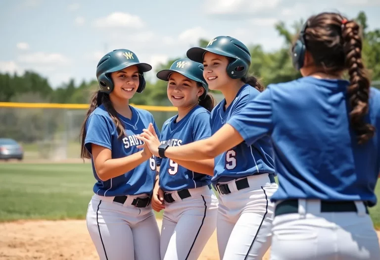 High school softball players in a dynamic game setting.
