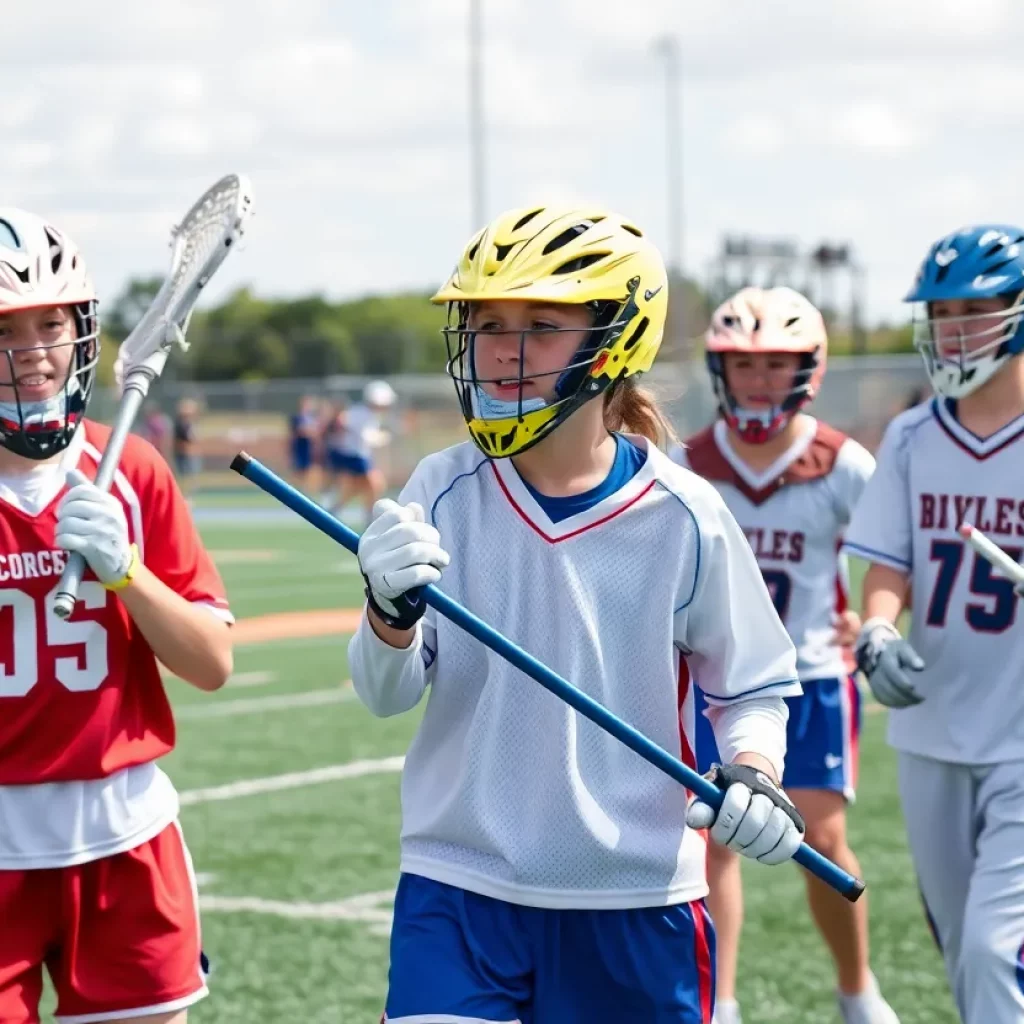 High school lacrosse and baseball players emphasizing safety on the field