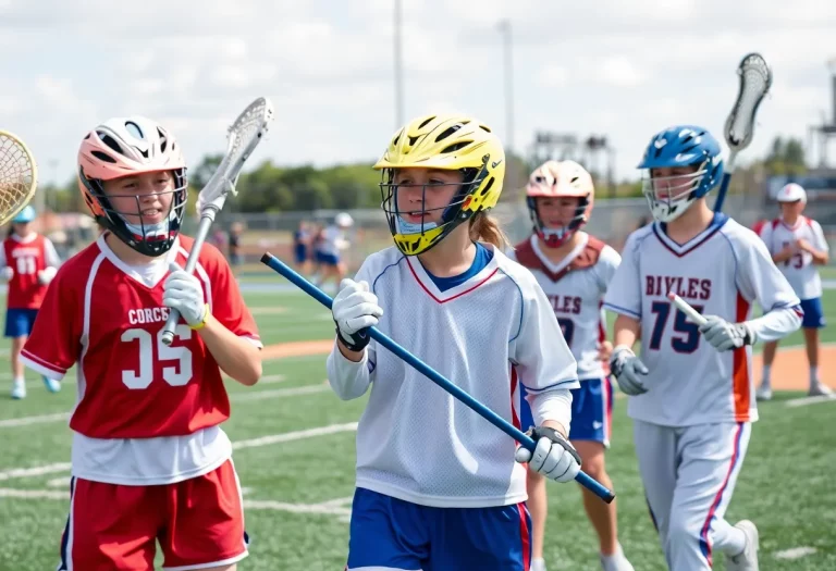 High school lacrosse and baseball players emphasizing safety on the field