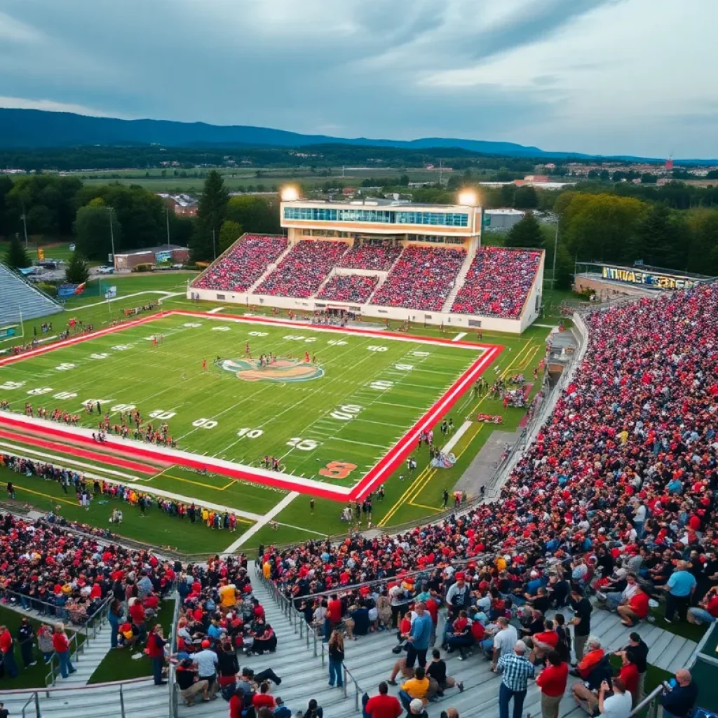 A lively high school football game taking place at a stadium with cheering fans and team colors displayed.
