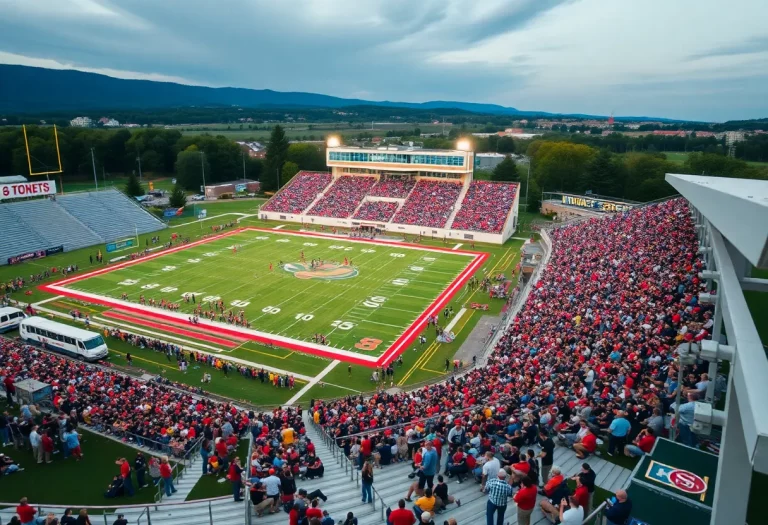 A lively high school football game taking place at a stadium with cheering fans and team colors displayed.