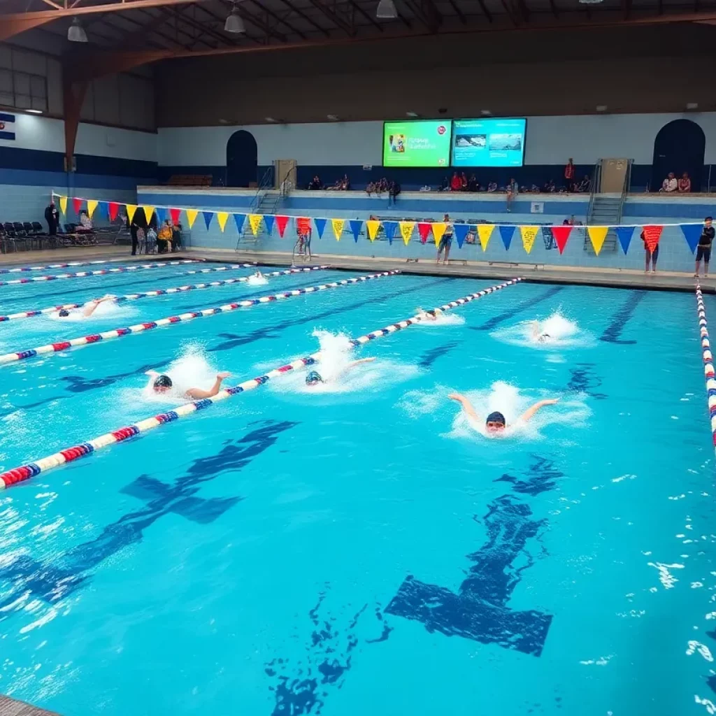Swimmers competing in a high school swimming event with spectators in the background.