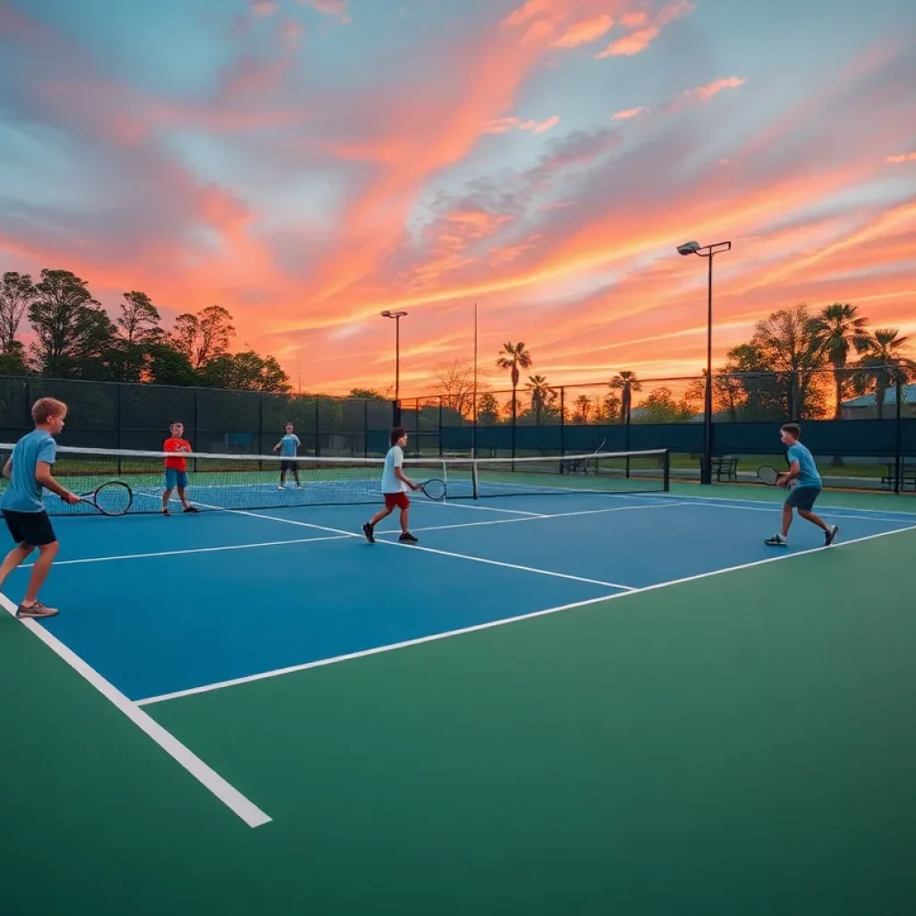 Young tennis players practicing on a court