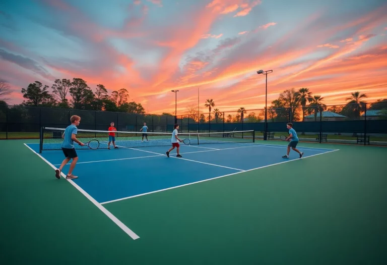 Young tennis players practicing on a court