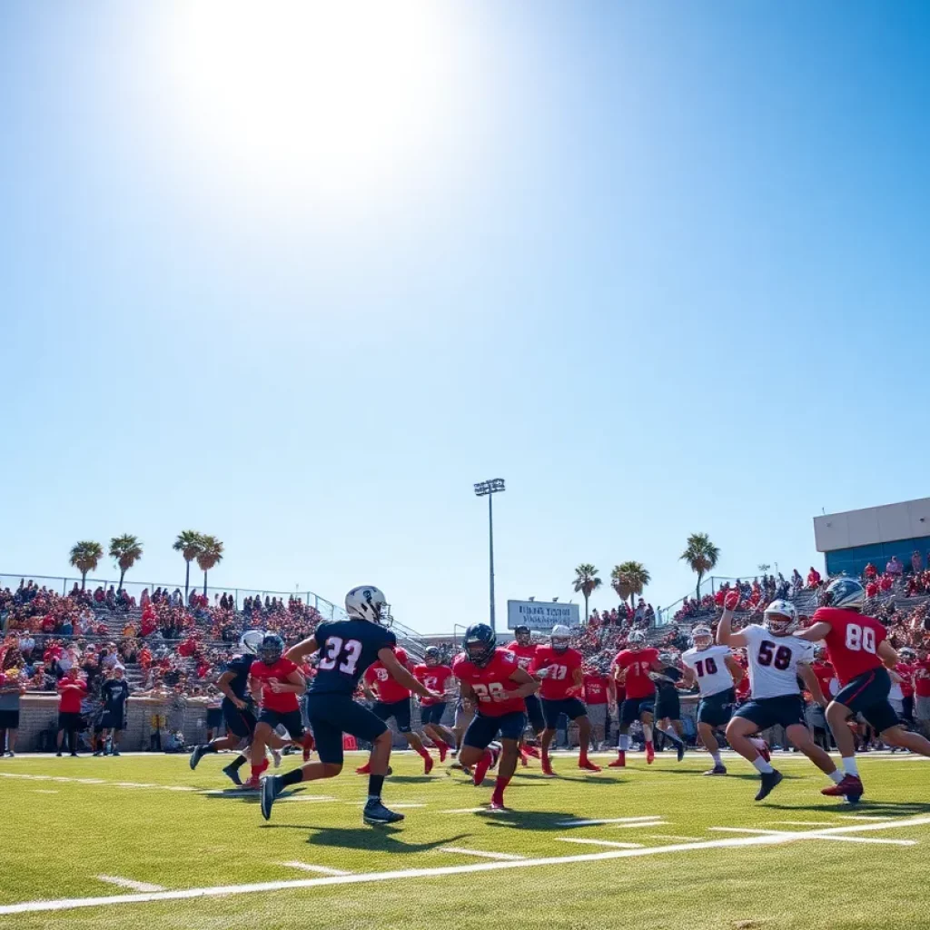 High school football players in action on the field in Honolulu.