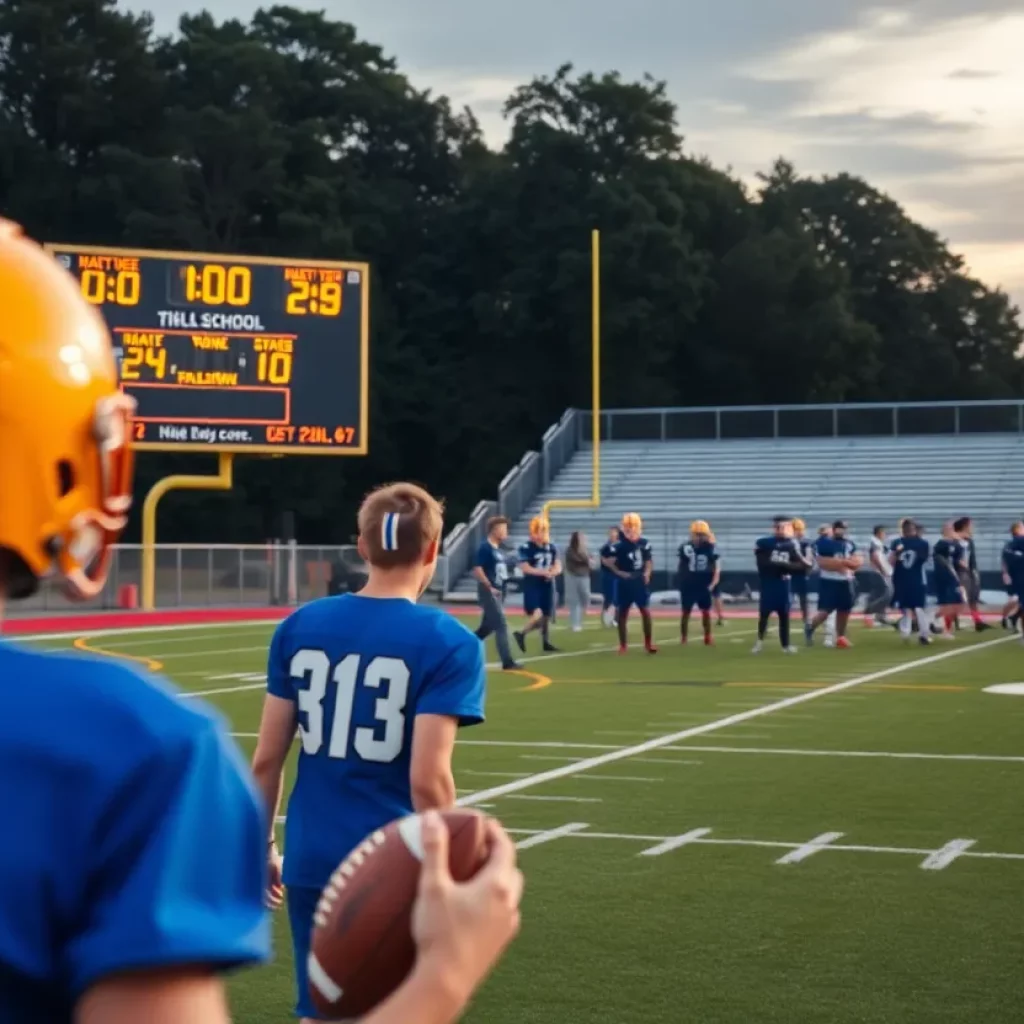 High school football practice in Houston with players on the field.