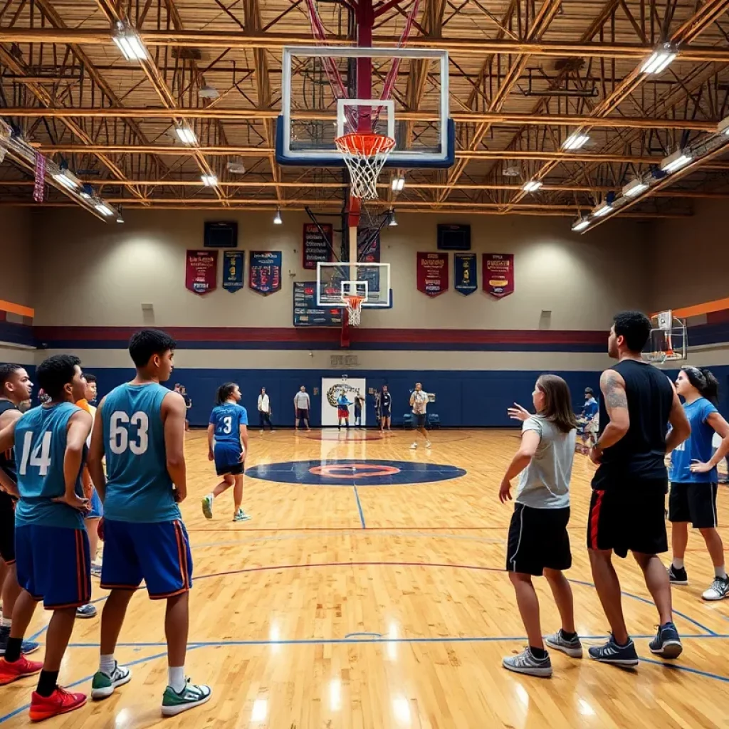Howell High School Basketball Team practicing in a gym