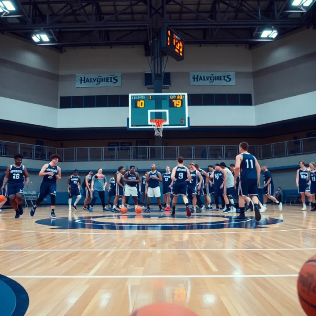 Hudson Catholic High School basketball team showcasing team spirit on the court.
