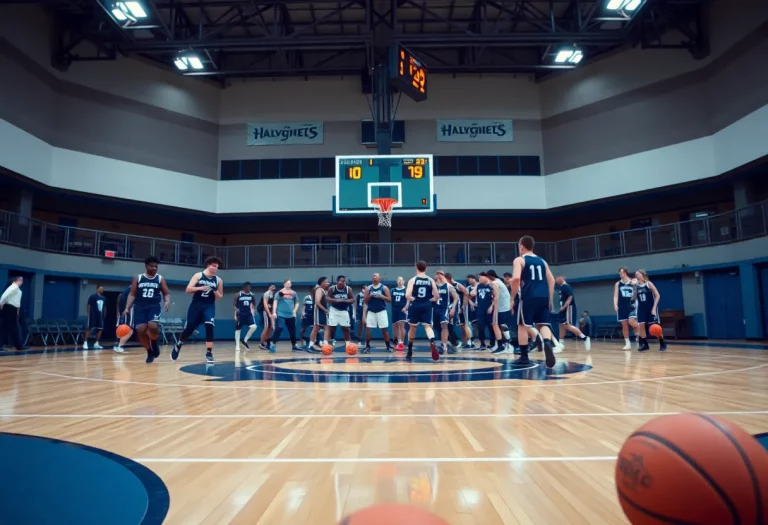 Hudson Catholic High School basketball team showcasing team spirit on the court.