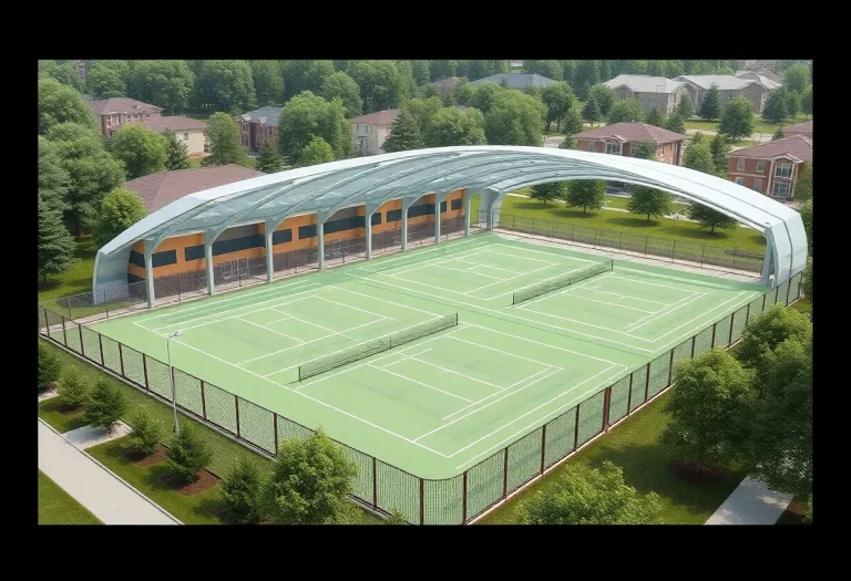 Conceptual design of an indoor tennis facility with multiple courts.