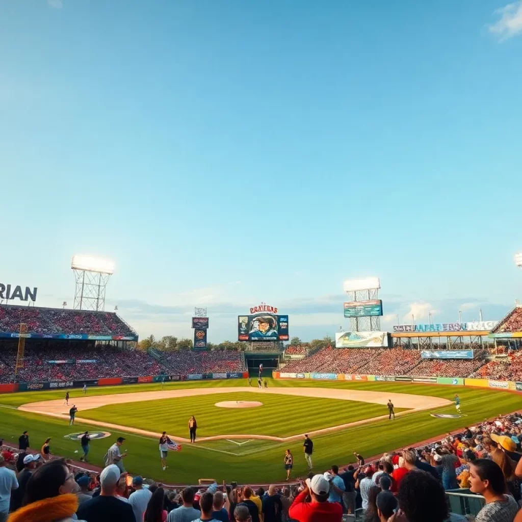 A dynamic sports event featuring Iowa athletes in a celebratory atmosphere.