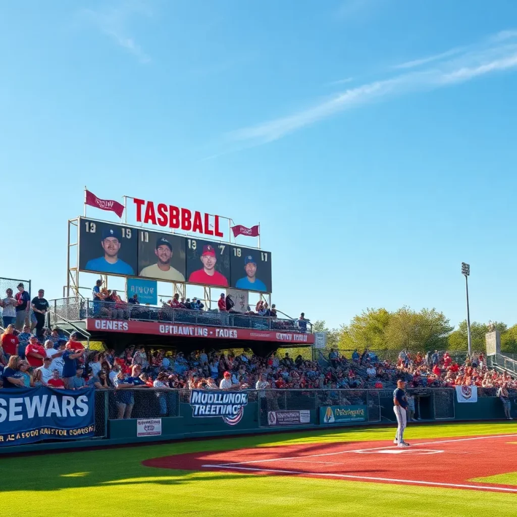 A picturesque view of a high school baseball game with fans cheering in the stands.