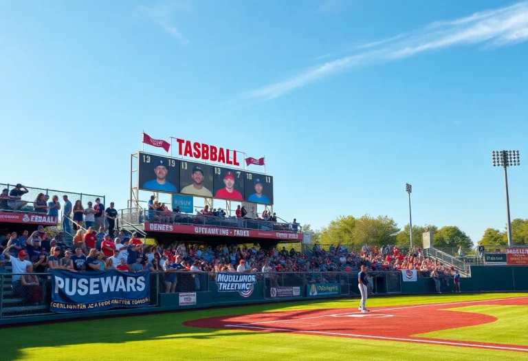 A picturesque view of a high school baseball game with fans cheering in the stands.