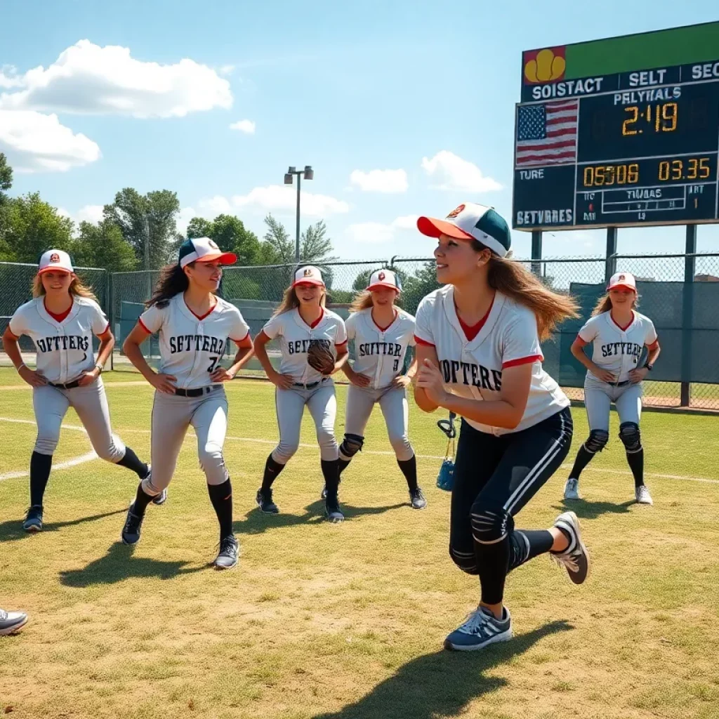 High school softball team practicing on the field