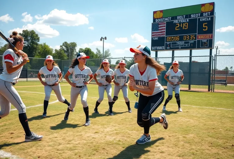 High school softball team practicing on the field
