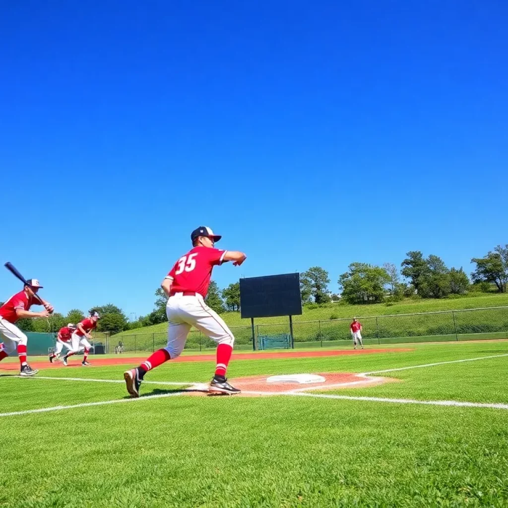 High school baseball players in action during a semifinal game.