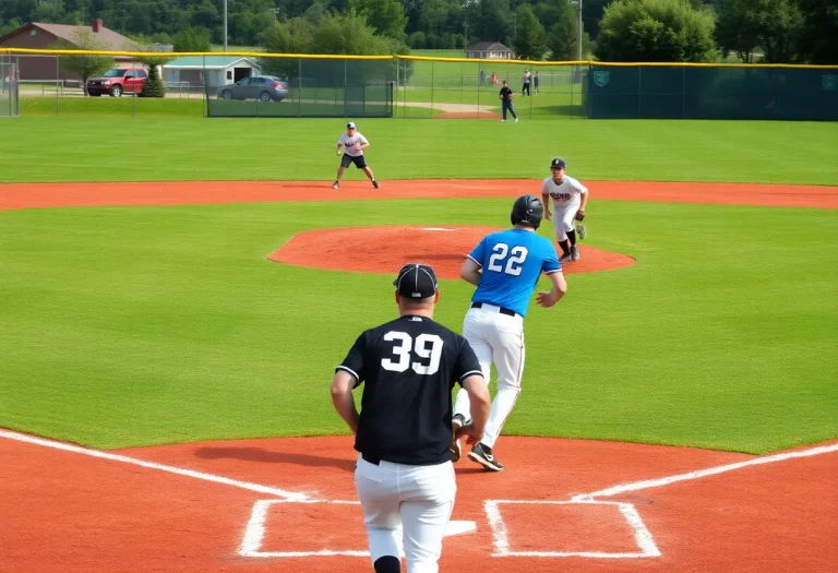 High school baseball players in action on the field during the Iowa State Tournament.