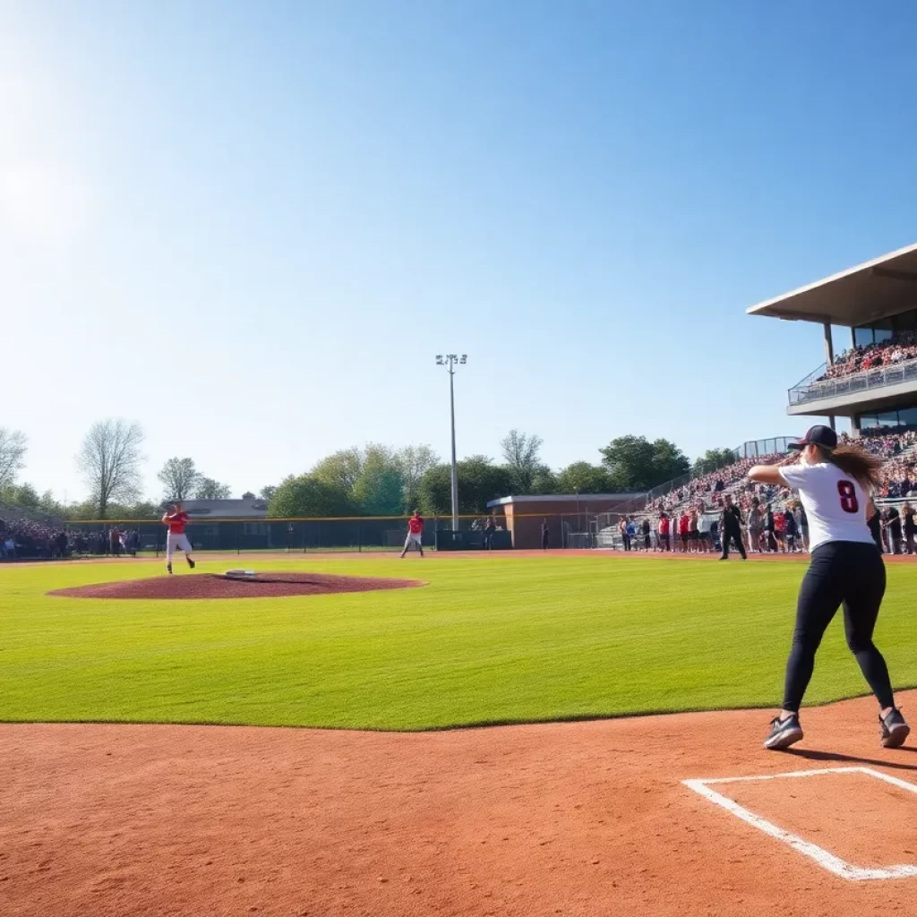 High school softball players competing on a field during a game