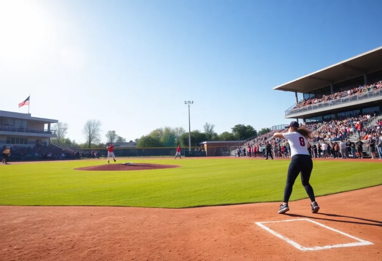 High school softball players competing on a field during a game