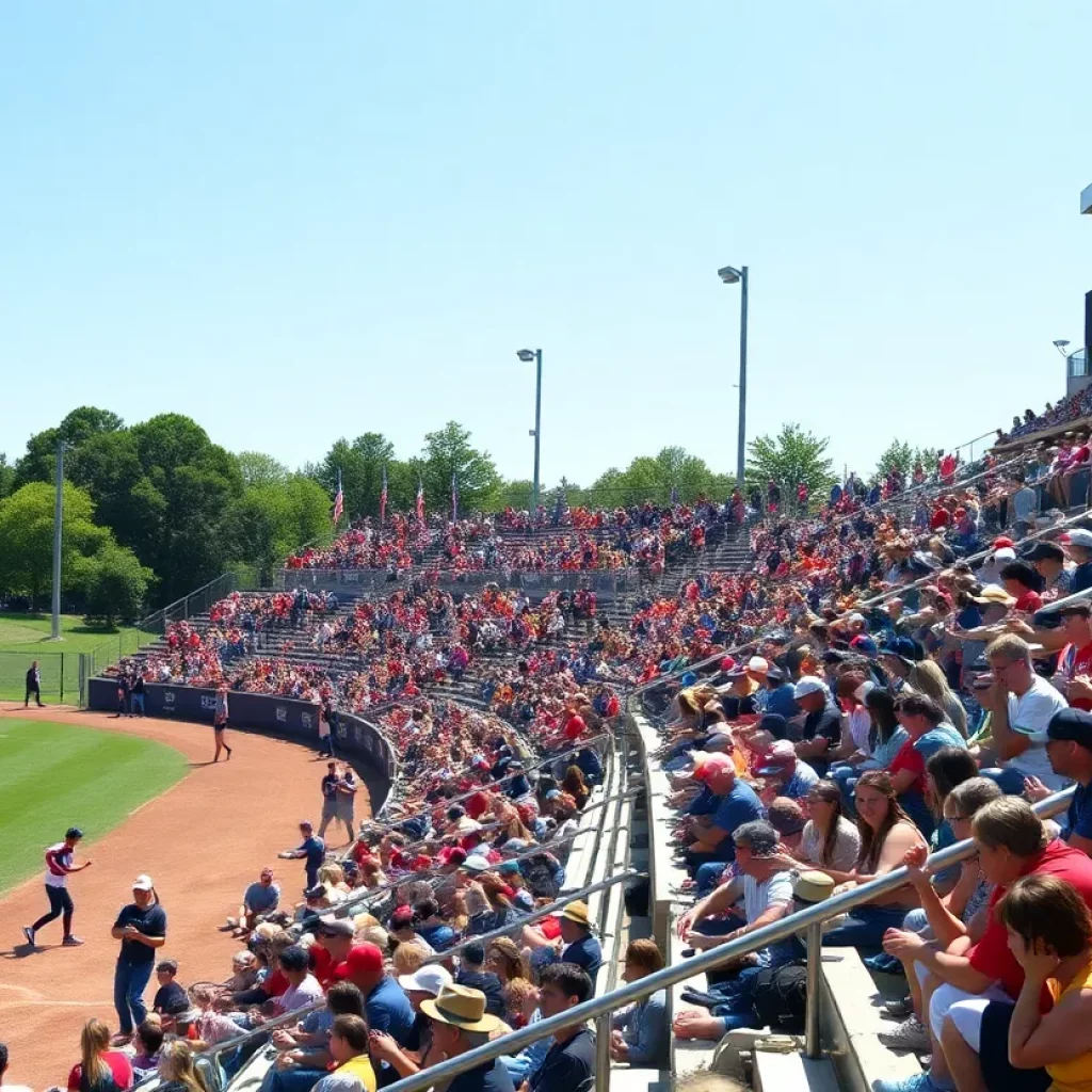 Crowd cheering at the Iowa high school softball tournament