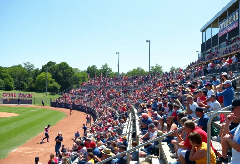Crowd cheering at the Iowa high school softball tournament
