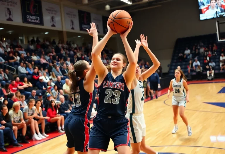 Fans cheering during a women's basketball game.