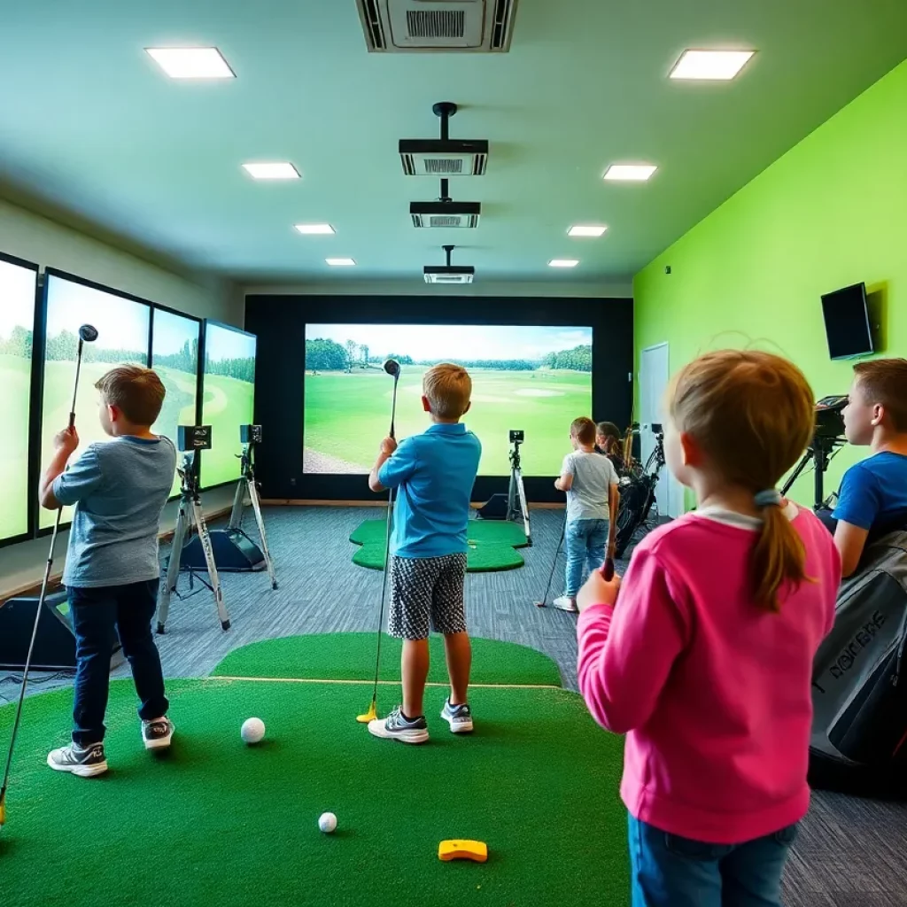 Interior of the iRN Golf Academy with young golfers practicing