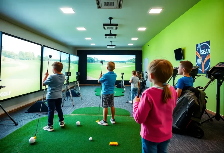 Interior of the iRN Golf Academy with young golfers practicing