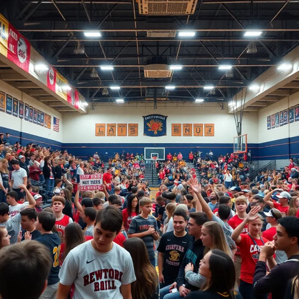 A bustling basketball gym at Istrouma High School filled with students and fans cheering for the team.