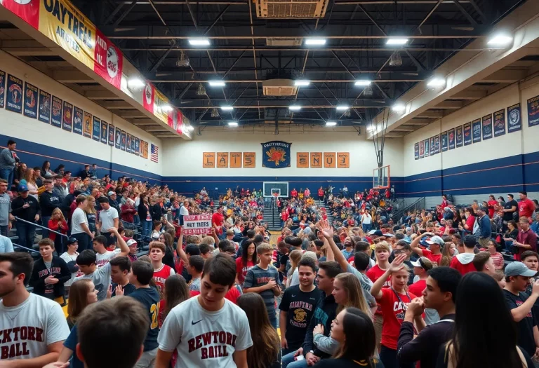 A bustling basketball gym at Istrouma High School filled with students and fans cheering for the team.