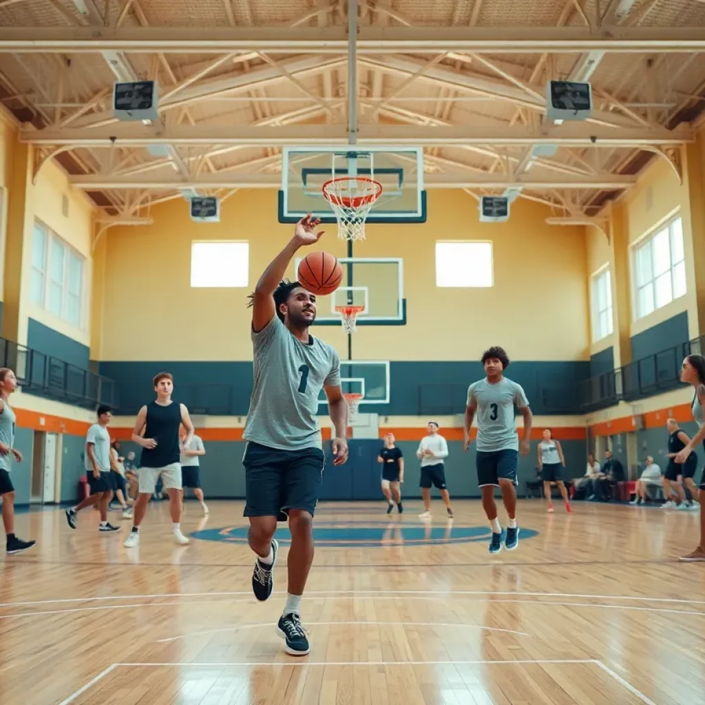 Basketball players celebrating a commitment announcement.