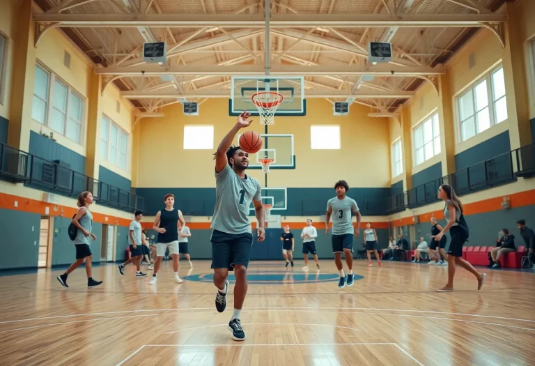 Basketball players celebrating a commitment announcement.