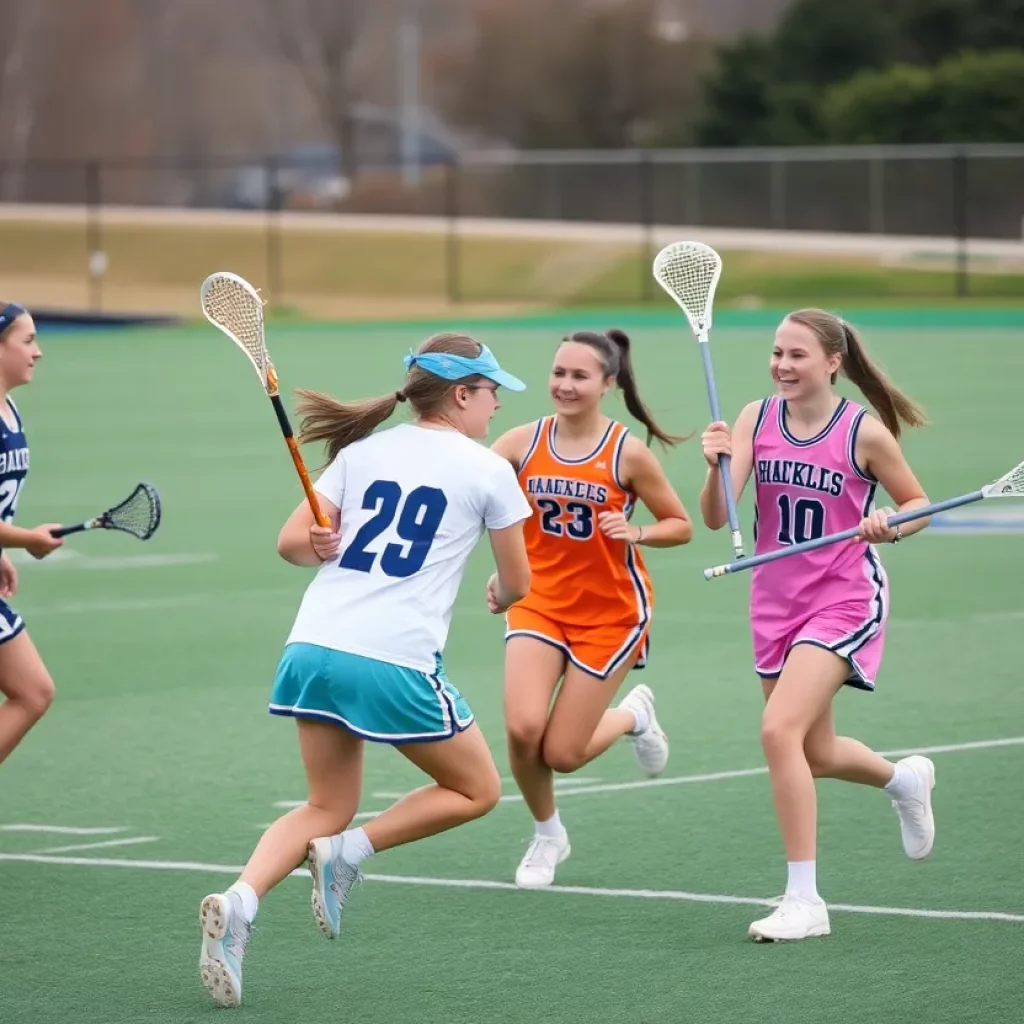 High school girls lacrosse players showcasing their skills during a game