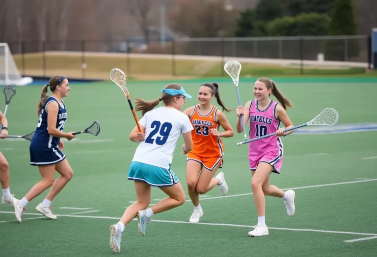 High school girls lacrosse players showcasing their skills during a game