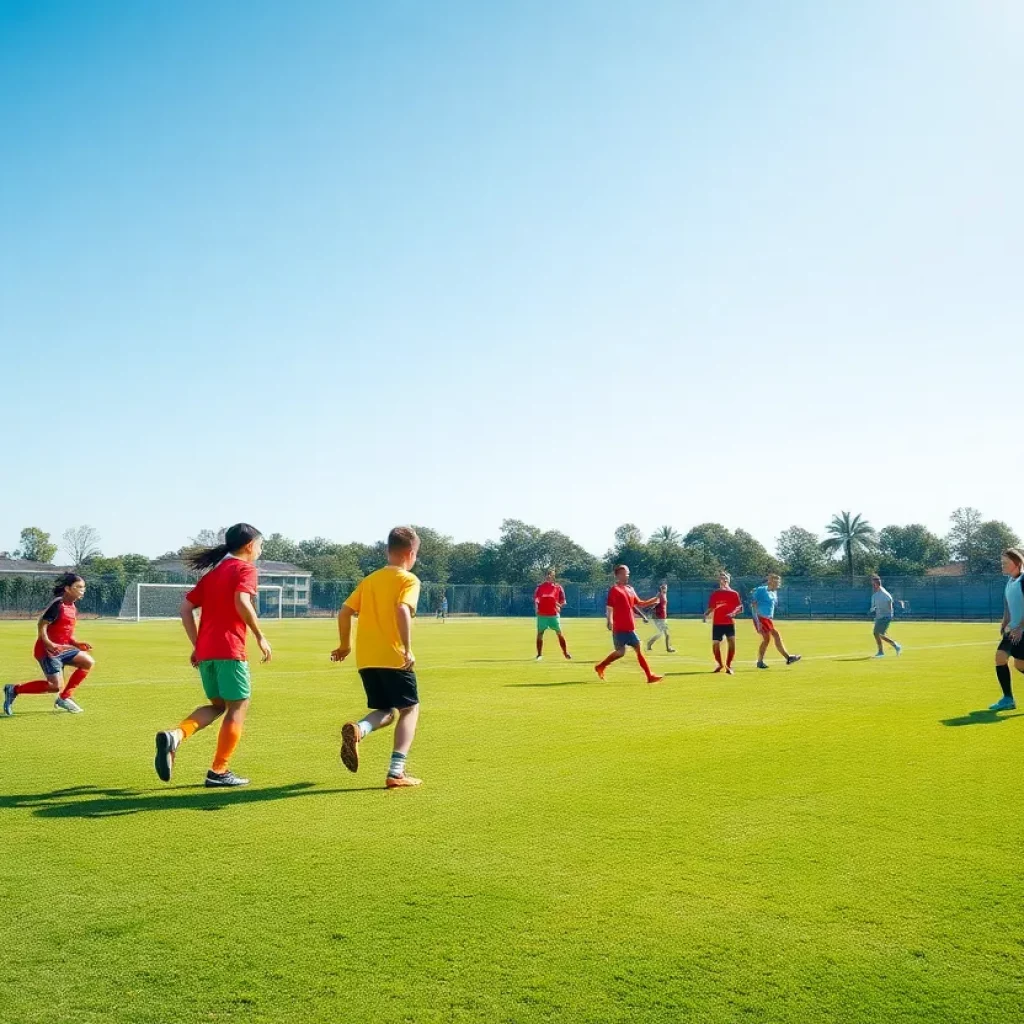 A group of young soccer players engaging in practice on a sunny day