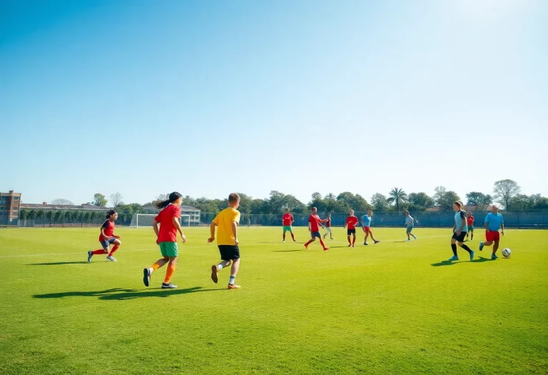 A group of young soccer players engaging in practice on a sunny day