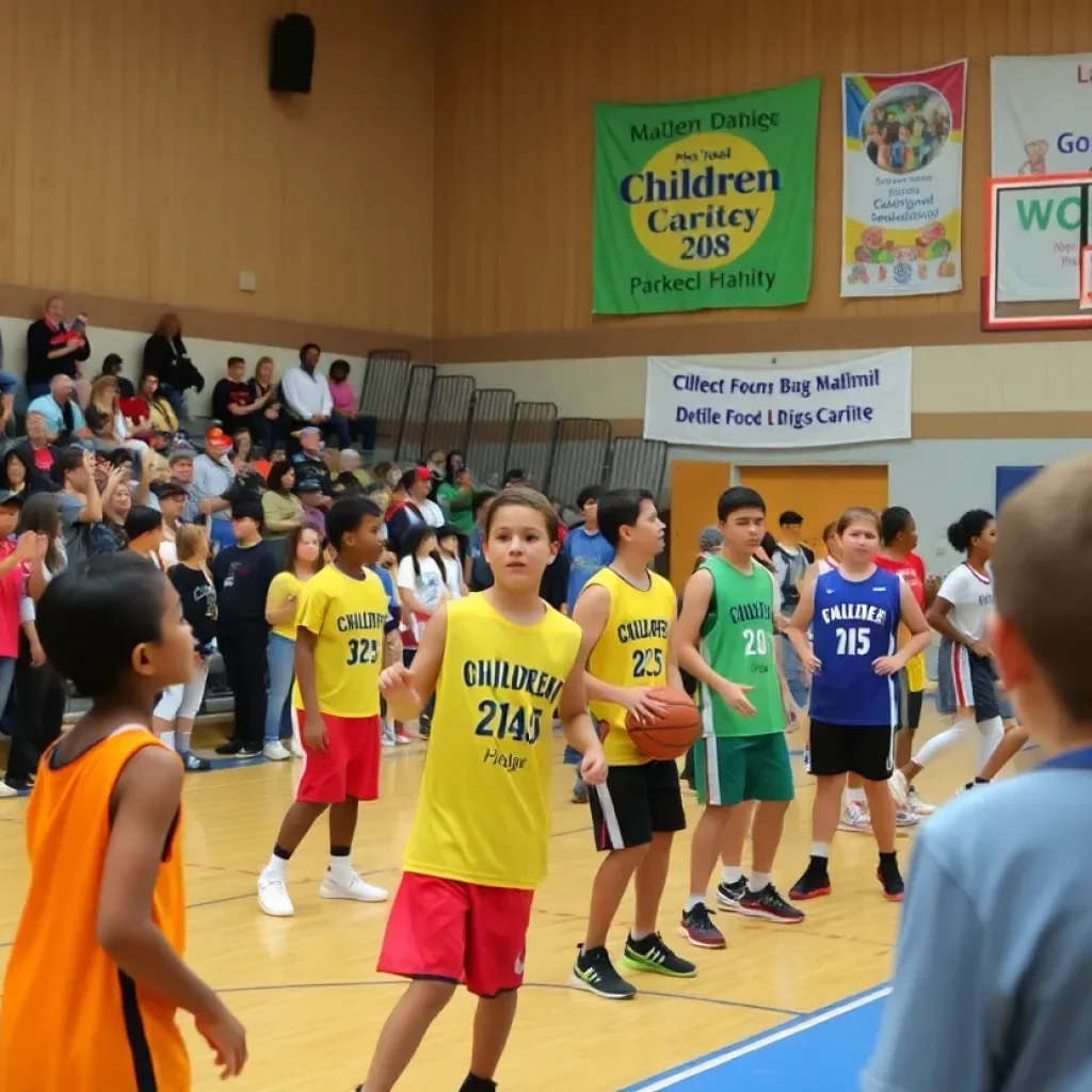 Players and spectators enjoying a charity basketball game at Riverside High School.