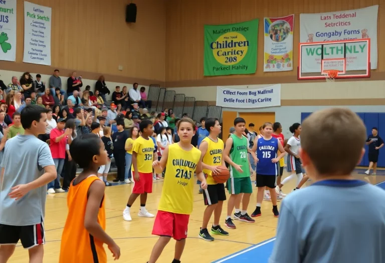 Players and spectators enjoying a charity basketball game at Riverside High School.